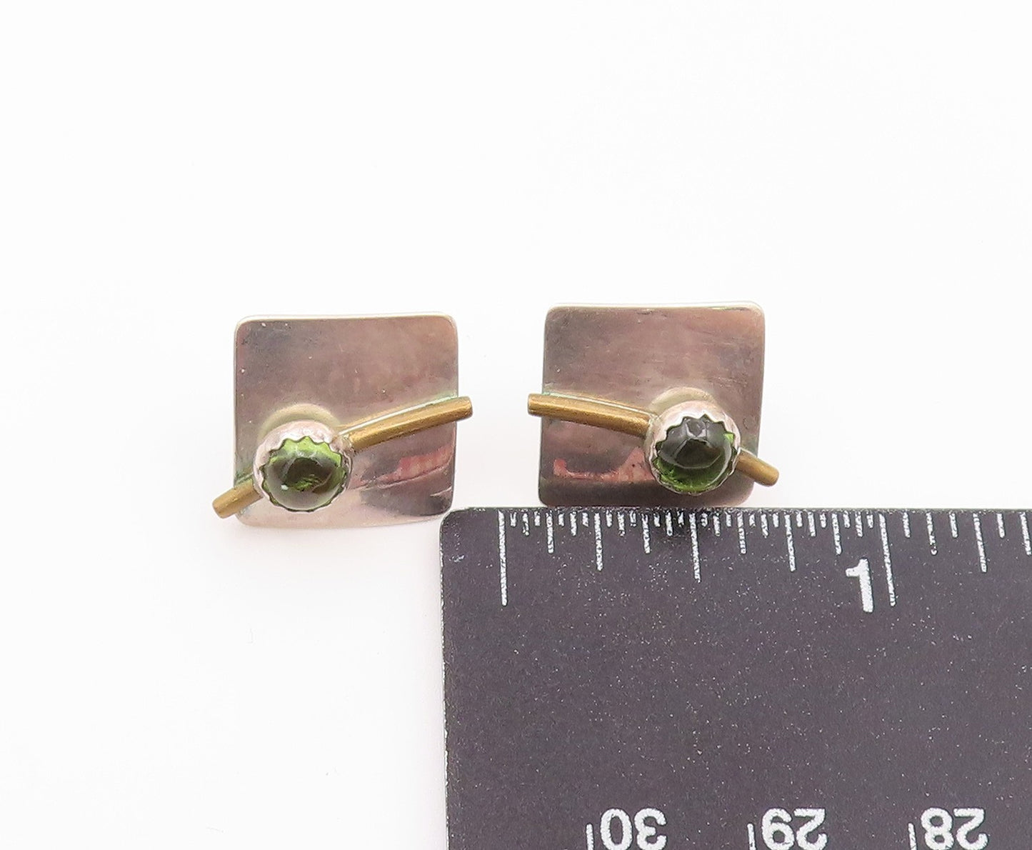 925 Sterling Silver Vintage Earrings Two Tone Peridot Geometric Studs  EG14503