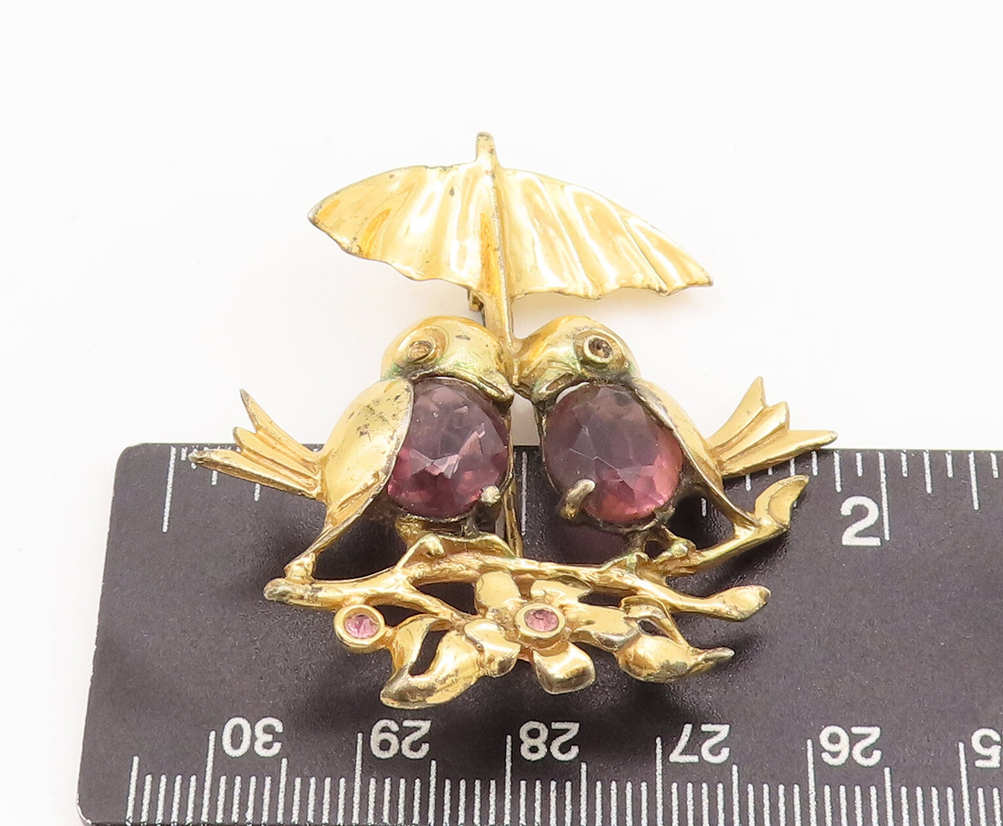 925 Sterling Silver Vintage Brooch Pin CZ Inlay Birds Under Umbrella  BP11053