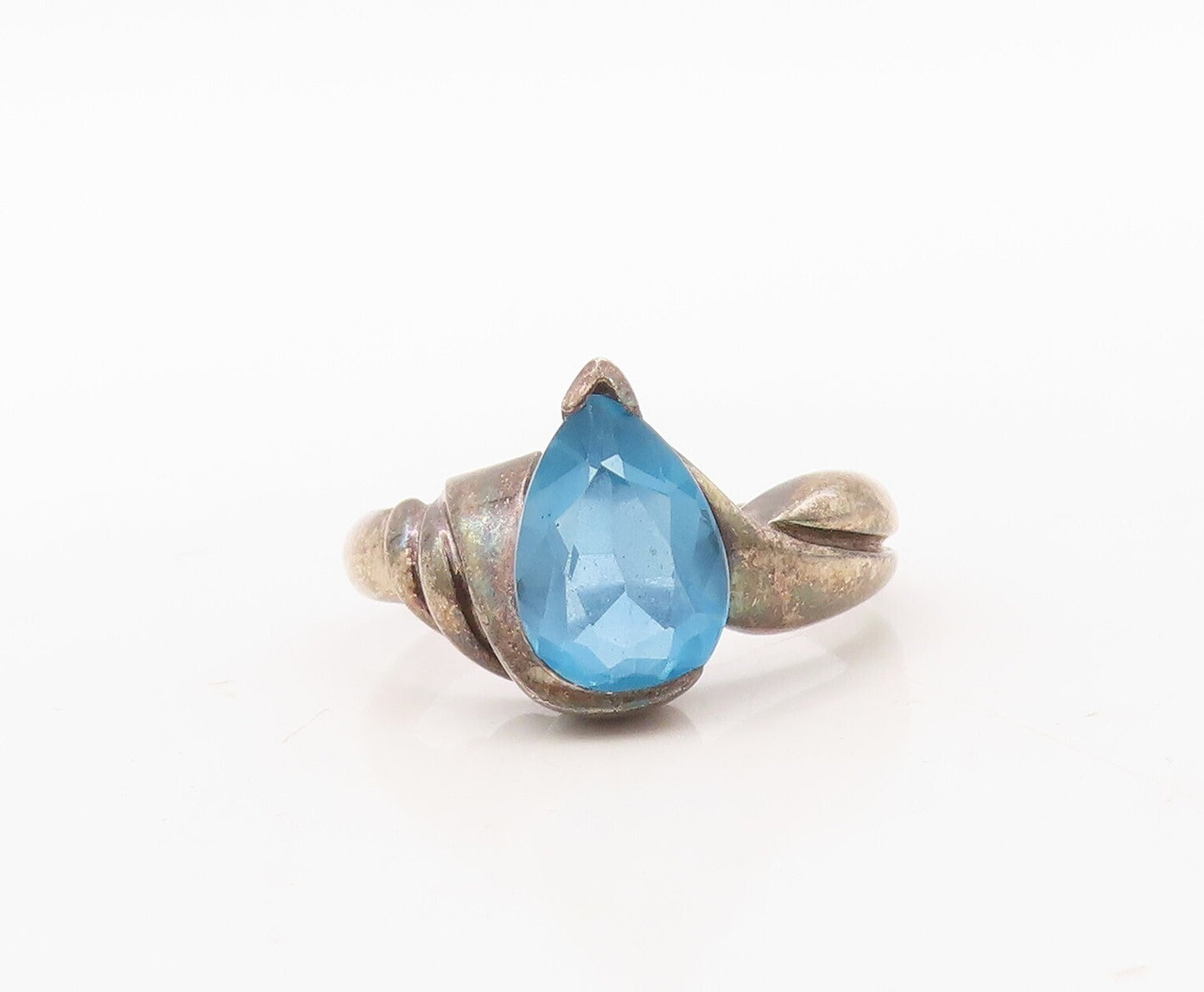 925 Sterling Silver Vintage Ring Dark Tone Carved Drop cut Topaz  Sz 7 RG31124