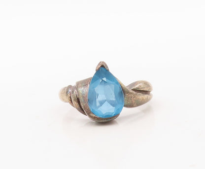 925 Sterling Silver Vintage Ring Dark Tone Carved Drop cut Topaz  Sz 7 RG31124