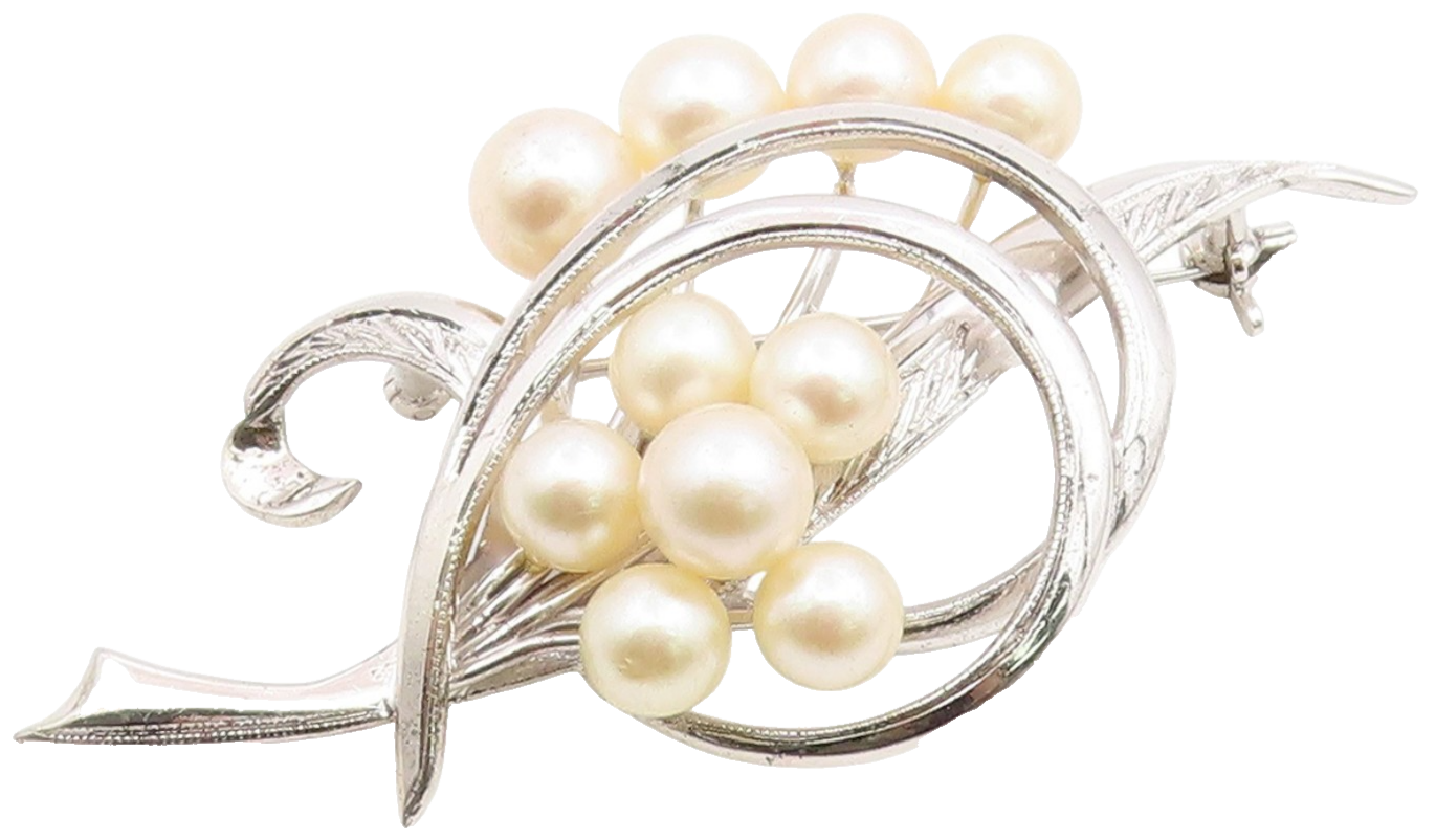925 Sterling Silver Vintage Brooch Pin Elegant Pearl Swirly Floral Leaf  BP12361