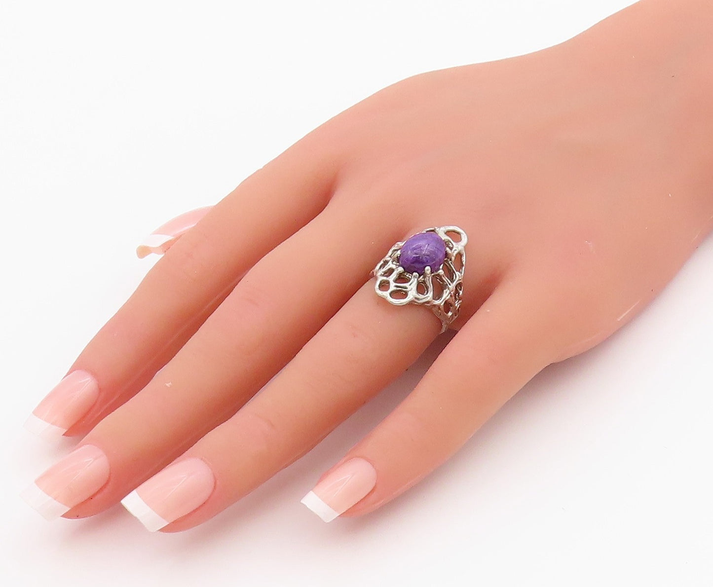 925 Sterling Silver Vintage Ring Brutalist Cutout Cabochon Amethyst Sz 6 RG33221
