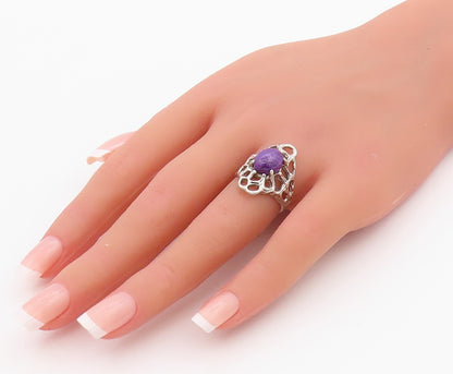 925 Sterling Silver Vintage Ring Brutalist Cutout Cabochon Amethyst Sz 6 RG33221