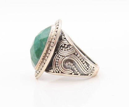 925 Sterling Silver Vintage Ring Oval Green Gemstone Halo Beaded  Sz 5.5 RG30219
