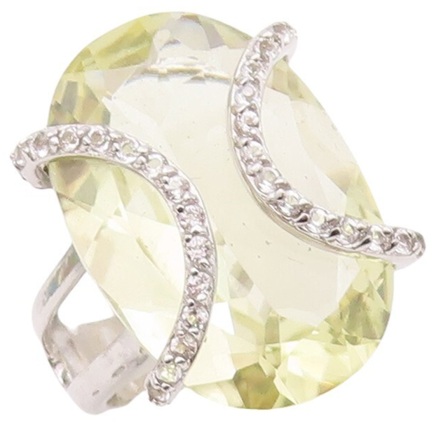 925 Sterling Silver Vintage Ring Large Oval Lime Quartz & Topaz  Sz 7  RG29993