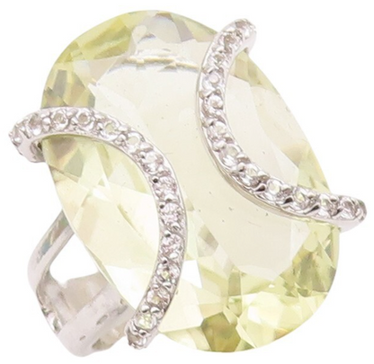 925 Sterling Silver Vintage Ring Large Oval Lime Quartz & Topaz  Sz 7  RG29993