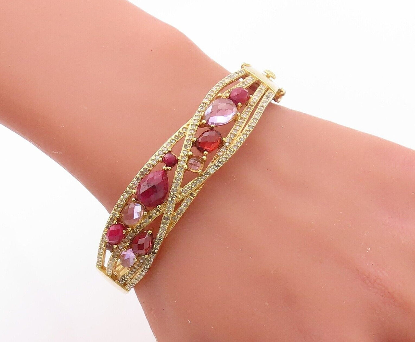 925 Sterling Silver Vintage Bracelet Gold Plated Gemstone & Diamonds BT10725
