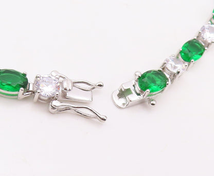 925 Sterling Silver Vintage Bracelet Oval Cut Green & White Topaz  BT10879