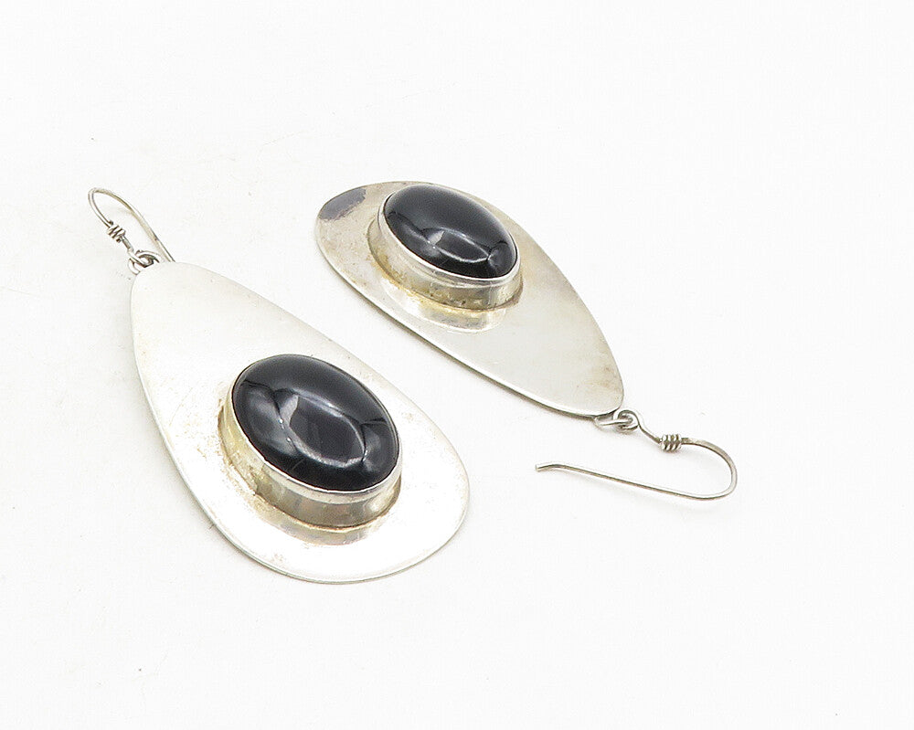 EL NAVAJO 925 Silver  Vintage Cabochon Cut Black Onyx Dangle Earrings  EG5127