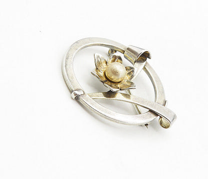 925 Sterling Silver  Vintage Golden Pearl Flower Motif Brooch Pin  BP3252