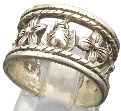 925 Silver  Vintage Flowers & Elephant Cut Out Band Ring Sz 6.5  RG24370