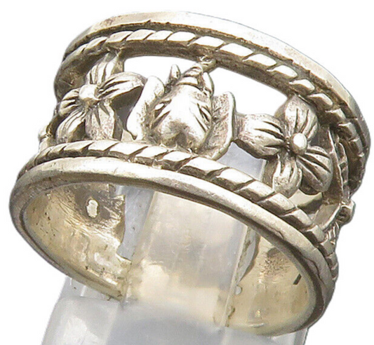 925 Silver  Vintage Flowers & Elephant Cut Out Band Ring Sz 6.5  RG24370