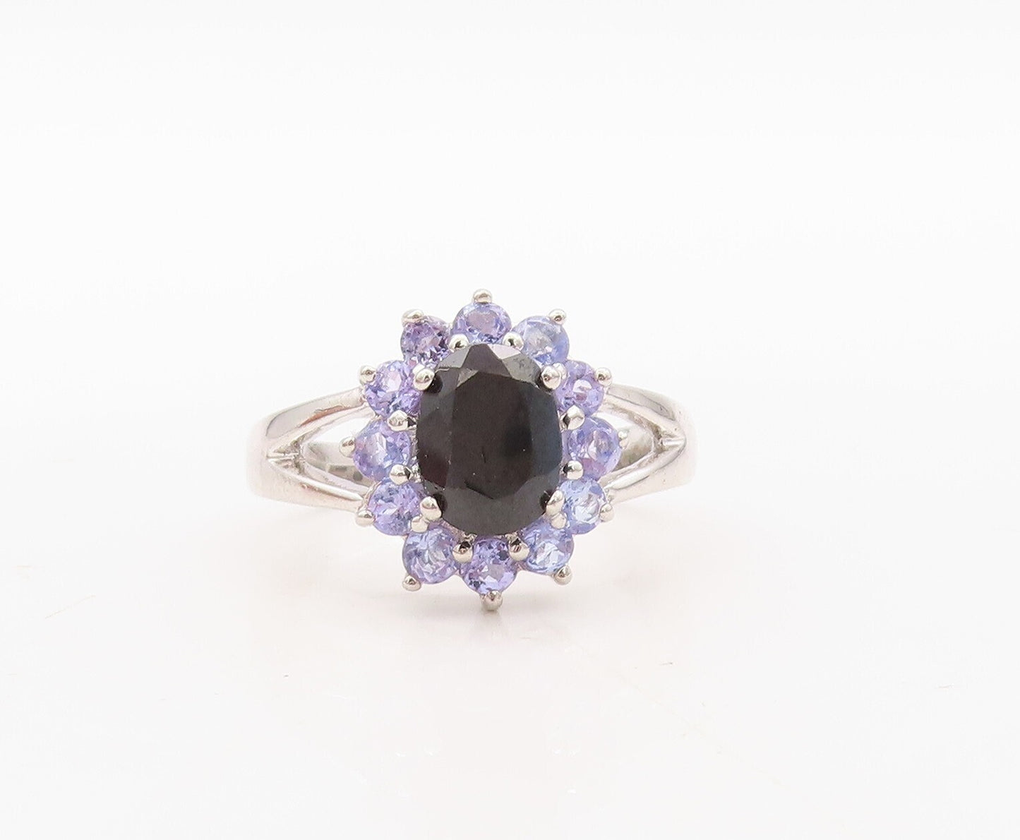 925 Sterling Silver Vintage Ring Oval Onyx Halo Tanzanite Inlay  Sz 7 RG31121