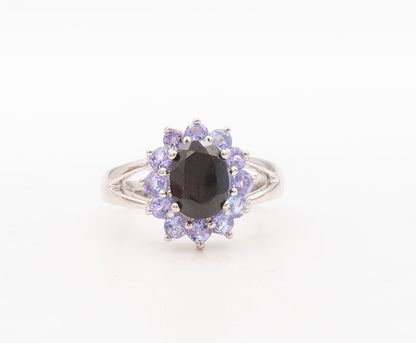 925 Sterling Silver Vintage Ring Oval Onyx Halo Tanzanite Inlay  Sz 7 RG31121