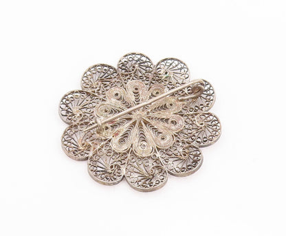 925 Sterling Silver Vintage Brooch Pin MIDDLE EAST Filigree Work Flower  BP10844