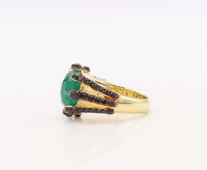 925 Sterling Silver Vintage Ring Gold Plated Green Onyx & Spinel  Sz 7  RG30633