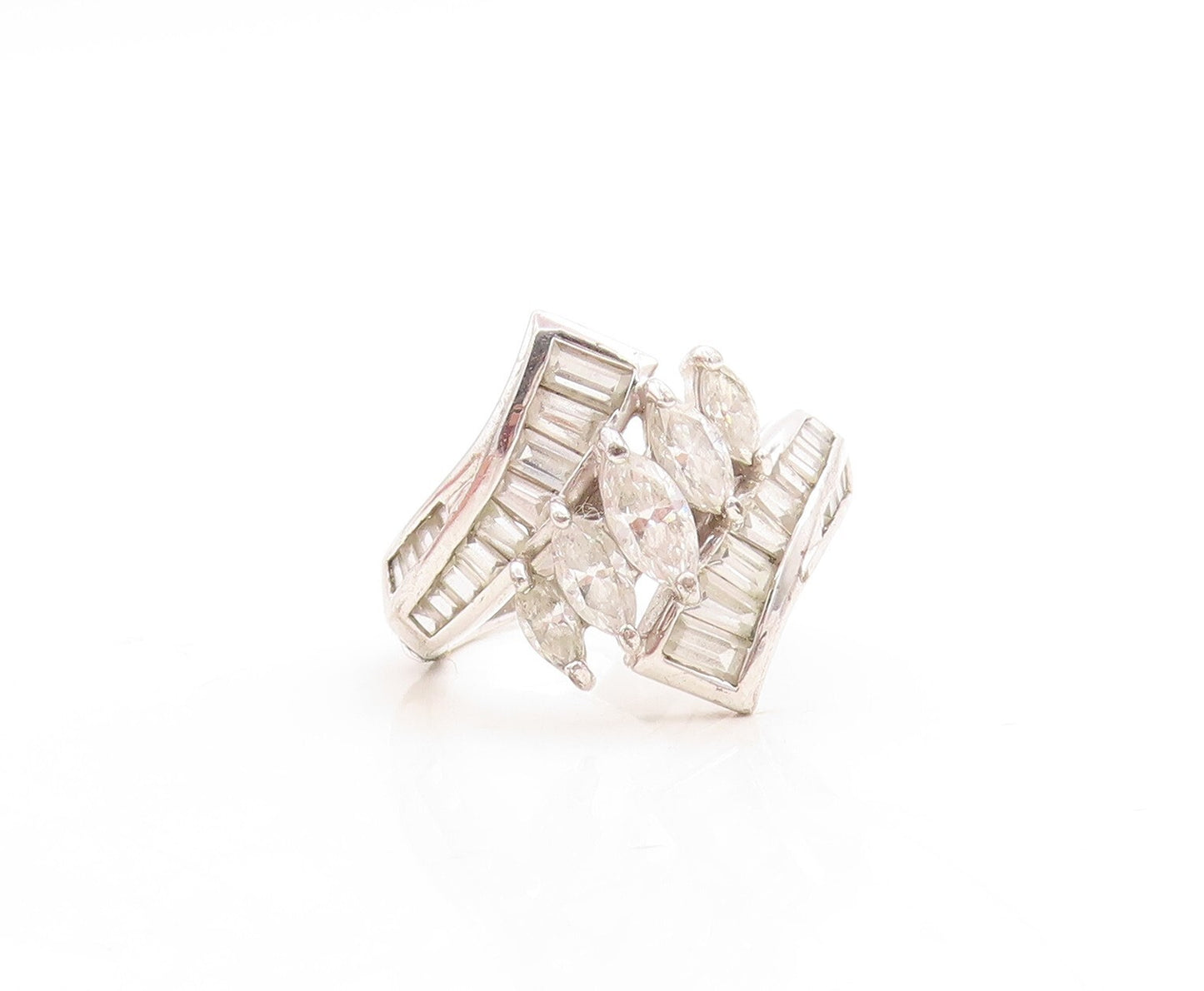 925 Sterling Silver Vintage Ring Modernist CZ Inlay Floral Design  Sz 6  RG31882