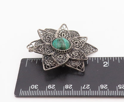 925 Sterling Silver Vintage Brooch Malachite Floral Filigree Petal Pin  BP12087