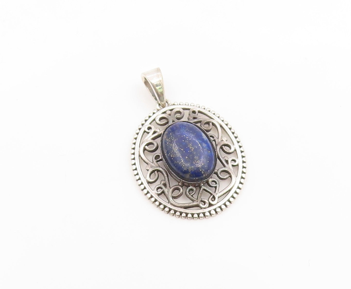 925 Sterling Silver Vintage Pendant Cabochon Lapis Lazuli Openwork Charm PT26239
