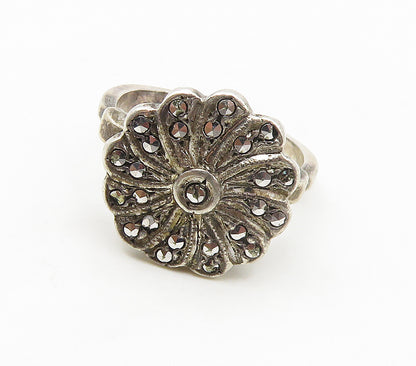 925 Sterling Silver  Vintage Sparkling Flower Motif Band Ring Sz 5.5  RG16917