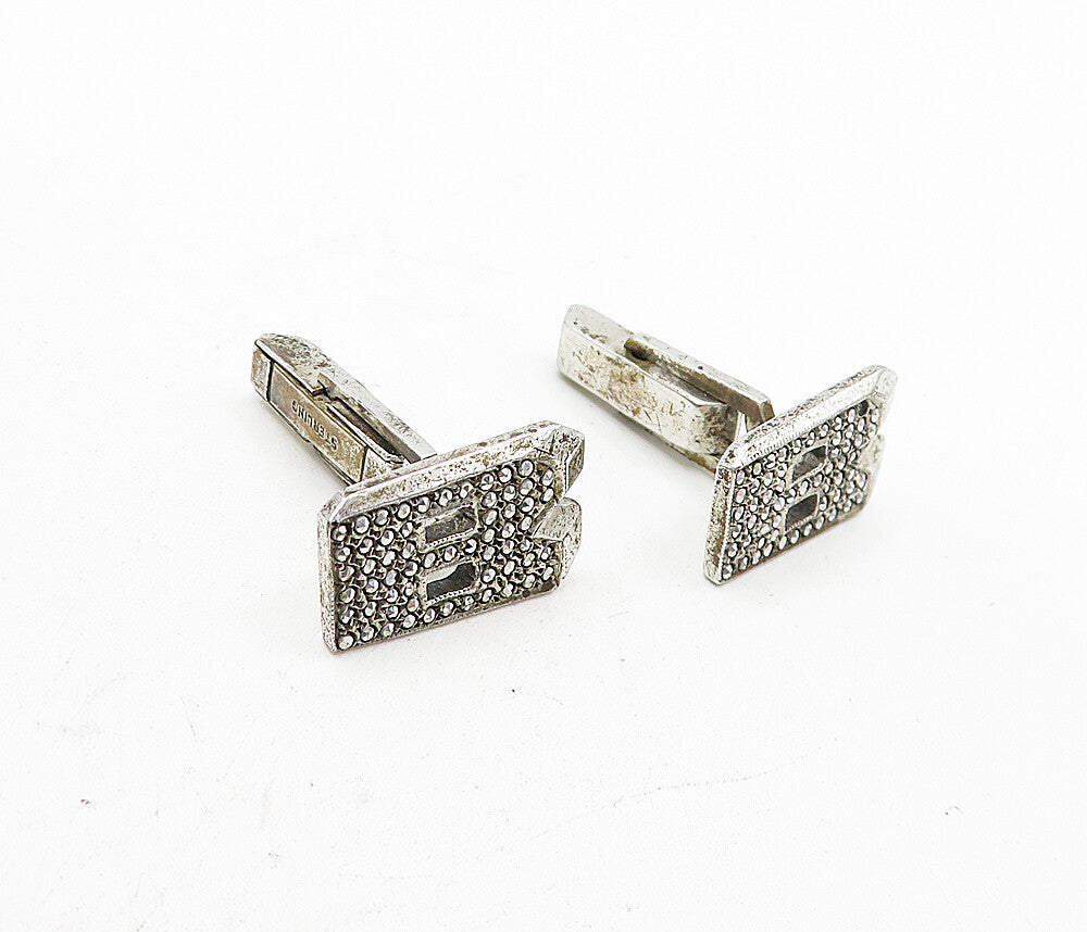 925 Sterling Silver  Vintage Sparkling Uppercase B Initial Cuff Links  TR1138