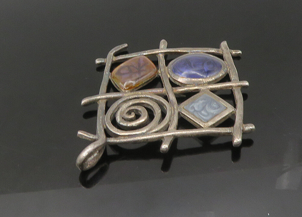 925 Sterling Silver  Vintage Enamel Detail Sculpted Grid Pendant  PT17976