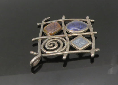 925 Sterling Silver  Vintage Enamel Detail Sculpted Grid Pendant  PT17976