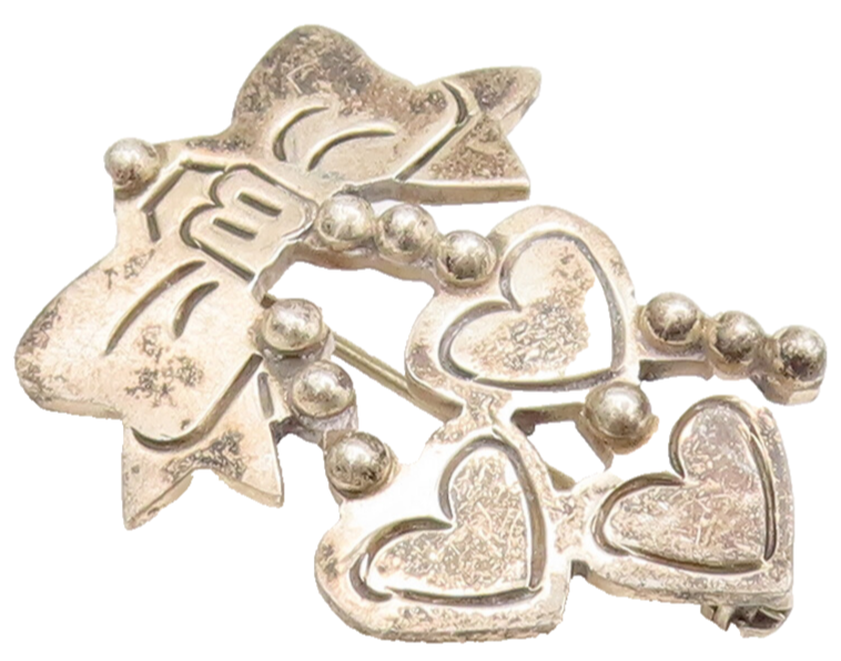 925 Sterling Silver Vintage Brooch Pin MEXICO Bow Dangling Beaded Hearts BP10533