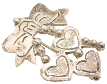 925 Sterling Silver Vintage Brooch Pin MEXICO Bow Dangling Beaded Hearts BP10533