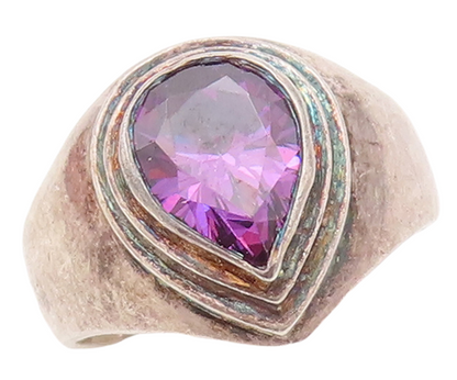 925 Sterling Silver Vintage Ring Drop Shape Step Carved Amethyst  Sz 7  RG29075