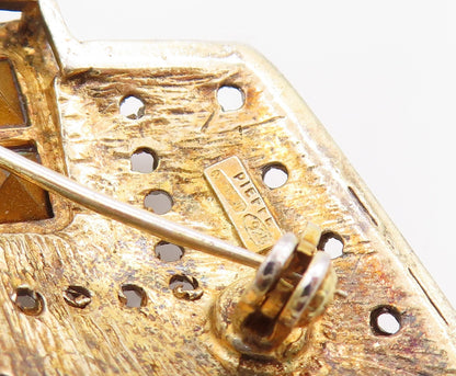 925 Sterling Silver Vintage Brooch PIEFFE Gold Plated CZ Geometric Pin  BP11775