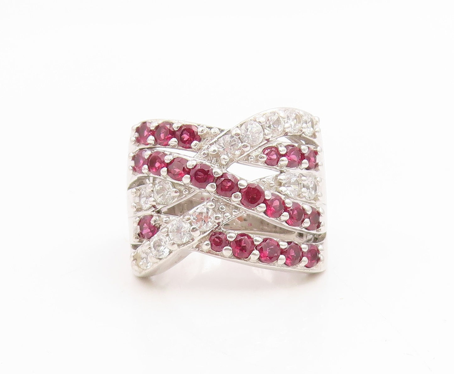 925 Sterling Silver Vintage Ring Pink Topaz & CZ Crossover Band  Sz 7  RG34919