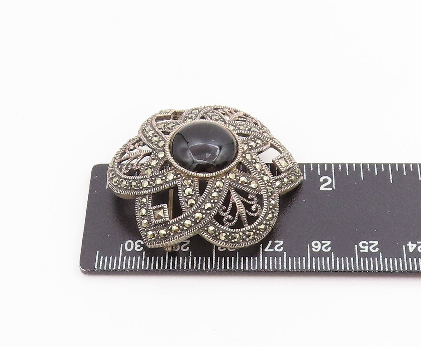 925 Sterling Silver Vintage Brooch Pin JUDITH JACK Onyx Floral Petal  BP12178