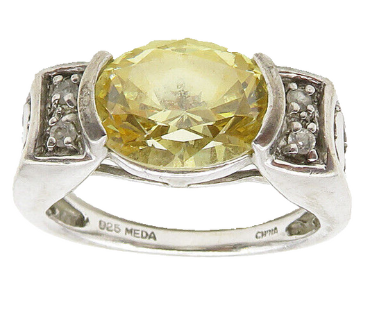 MEDA 925 Silver  Yellow Cubic Zirconia Love Hearts Band Ring Sz 7  RG17870