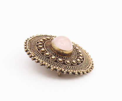 ISRAEL 925 Silver  Vintage Cabochon Cut Rose Quartz Floral Brooch Pin  BP7641