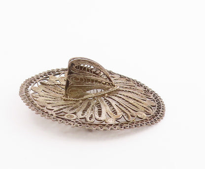 MEXICO 925 Silver  Vintage Antique Filigree Heavy Sombrero Brooch Pin  BP8080