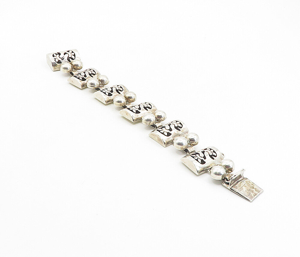 MEXICO 925 Silver  Vintage Dark Tone Cutout Dome Link Chain Bracelet  BT3956