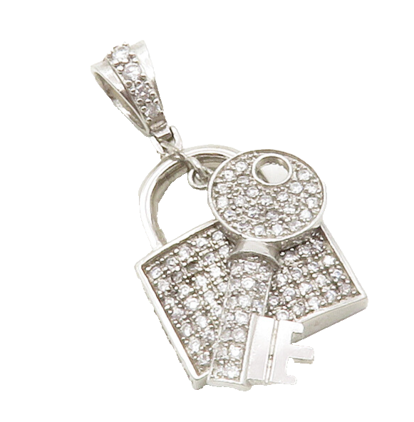 925 Sterling Silver  Vintage Cubic Zirconia Pad Lock & Key Pendant  PT10142