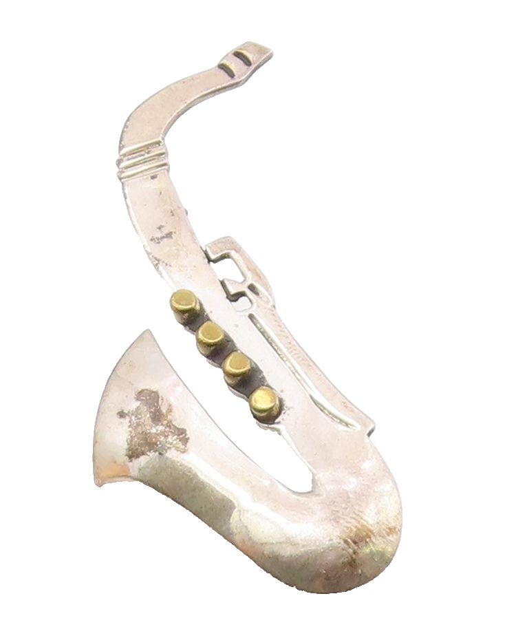 MEXICO 925 Sterling Silver  Vintage Two Tone Saxophone Brooch Pin  BP6590