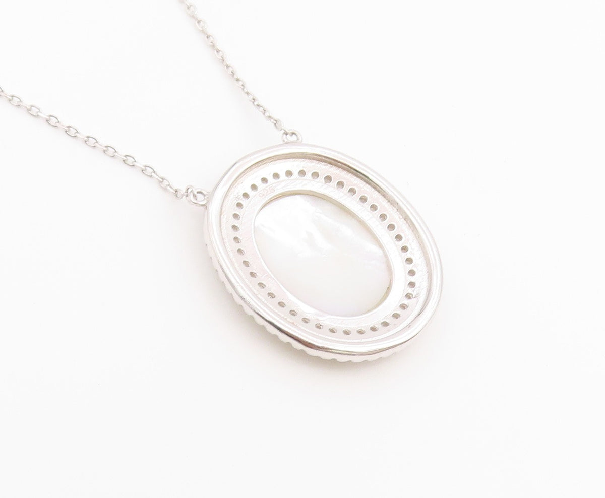 925 Sterling Silver Vintage Necklace Mother Of Pearl Halo CZ Virgin Mary  NE4902
