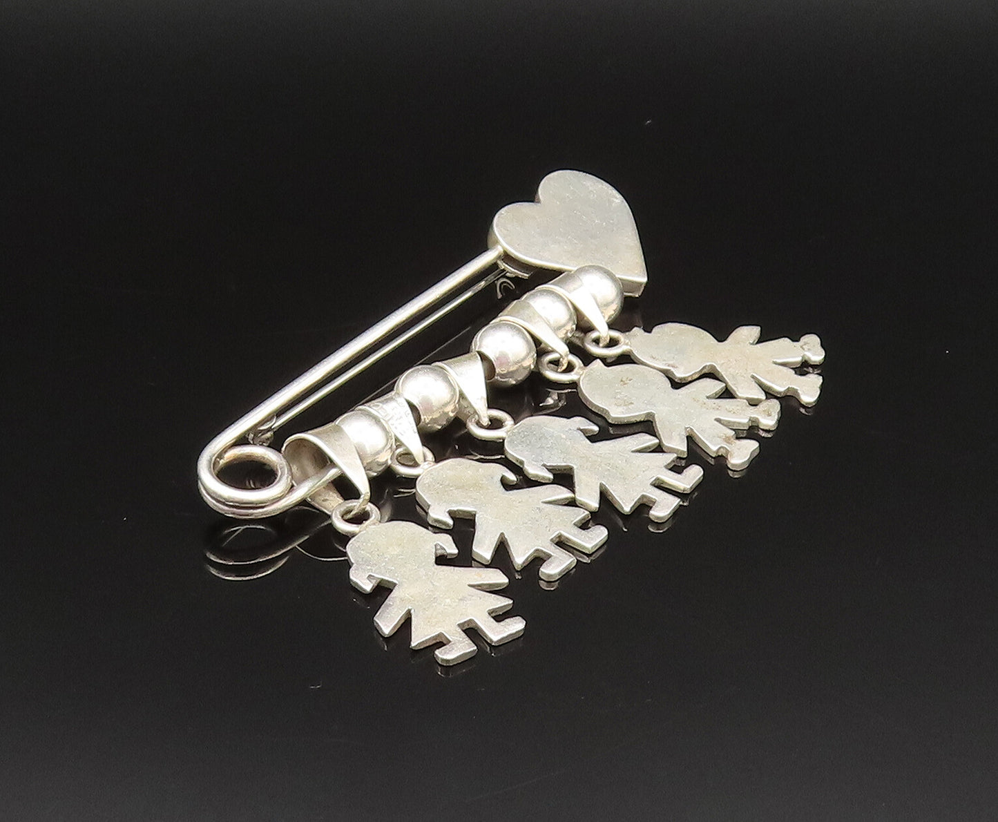 925 Sterling Silver Vintage Bead Ball & Children Charm Heart Safety Pin BP9637