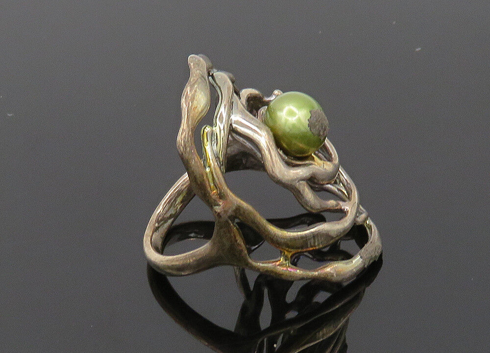 HAGIT GORALI ISRAEL 925 Silver  Vintage Green Pearl Band Ring Sz 6.5  RG20596