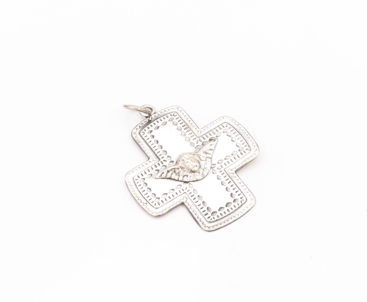925 Sterling Silver Vintage Pendant MEXICO Four Way Cross Angel Carved  PT23995