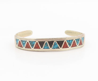 925 Sterling Silver Vintage Bracelet NAVAJO ZUNI Multi Gemstone Inlay  BT11591