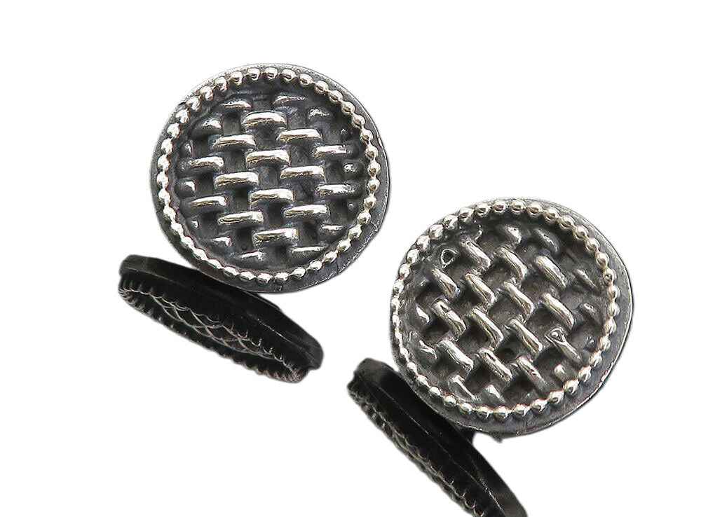 925 Sterling Silver  Vintage Oxidized Basket Weave Button Drop Earrings EG4051