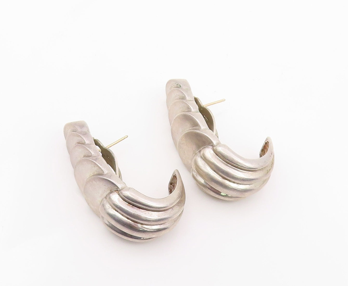 DND 925 Silver & 14K GOLD Vintage Shiny Fluted Heavy J Hoop Earrings  EG10063
