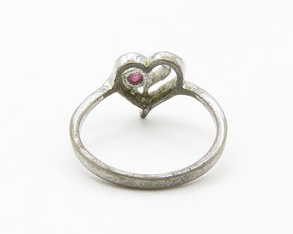 925 Sterling Silver  Vintage Pink Topaz Love Heart Band Ring Sz 6.5  RG14308