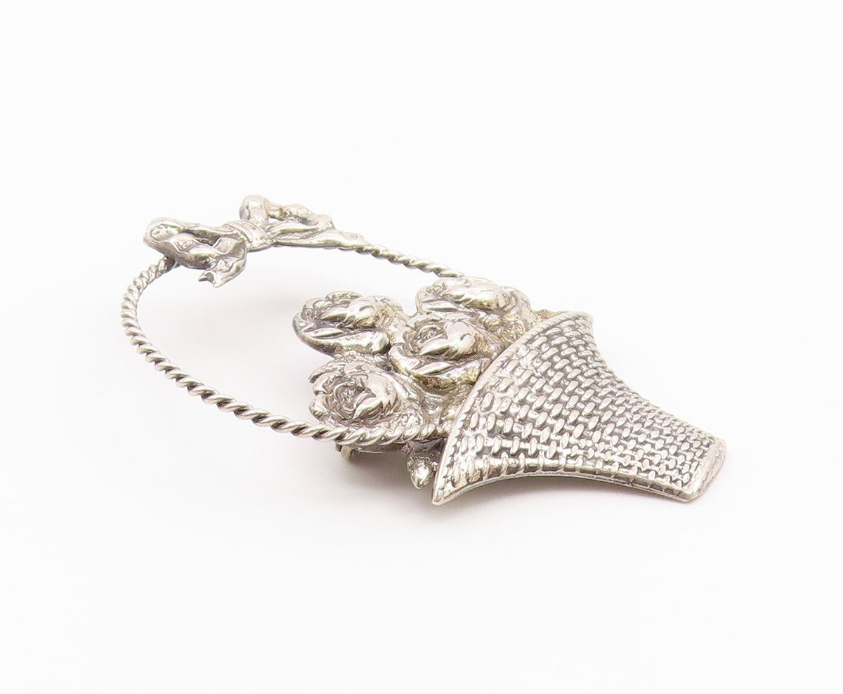 BEAU 925 Silver  Vintage Rose Flower Basket With Bow Tie Brooch Pin  BP9790
