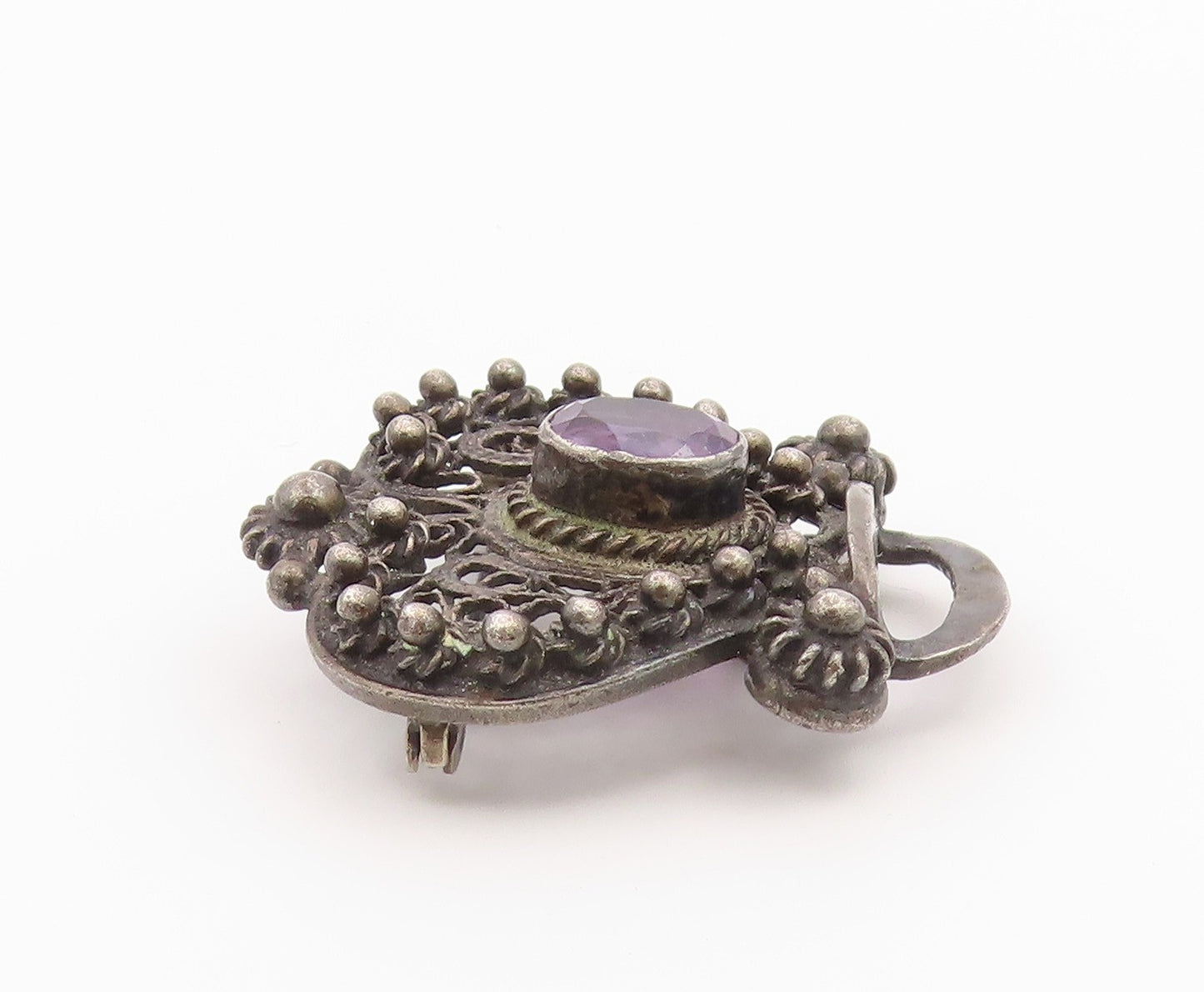 925 Sterling Silver Vintage Brooch Pin Classic Amethyst Floral Openwork  BP12588
