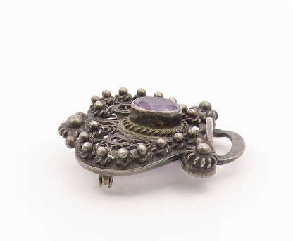 925 Sterling Silver Vintage Brooch Pin Classic Amethyst Floral Openwork  BP12588